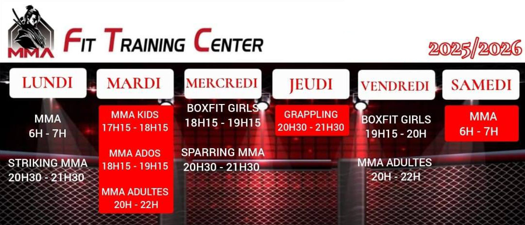 Planning cours MMA à MMA Fit Training Center