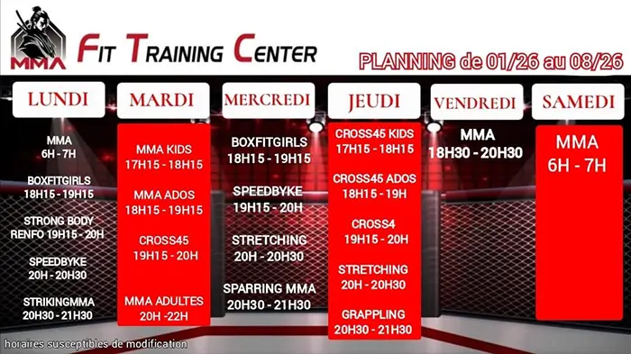 Planning cours MMA et fitness à MMA Fit Training Center